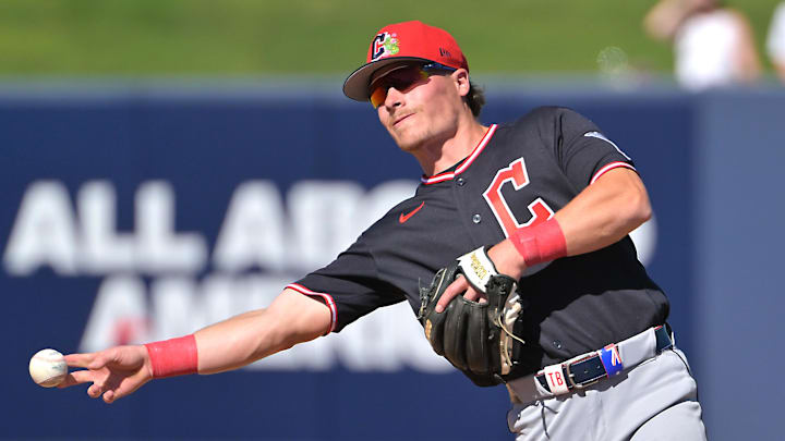Feb 21, 2026; Phoenix, Arizona, USA;  Cleveland Guardians second baseman Travis Bazzana (72) makes a play in the fourth inning against the Milwaukee Brewers at American Family Fields of Phoenix. Mandatory Credit: Jayne Kamin-Oncea-Imagn Images