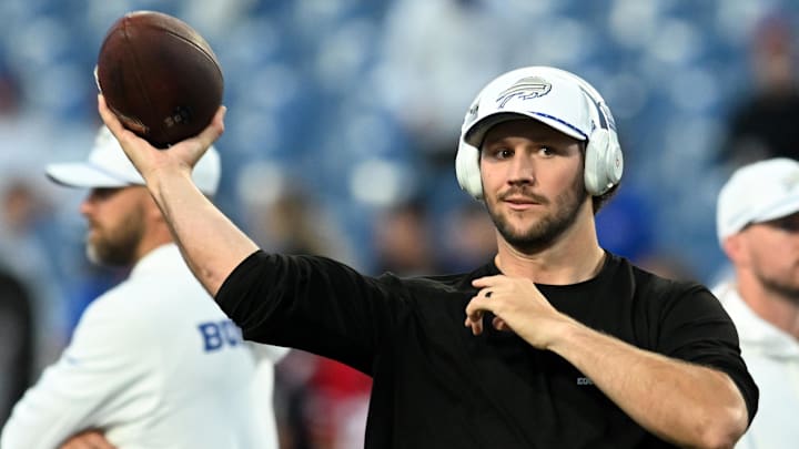 Oct 5, 2025; Orchard Park, New York, USA; Buffalo Bills quarterback Josh Allen (17) practices before the game against the New England Patriots at Highmark Stadium. Mandatory Credit: Mark Konezny-Imagn Images