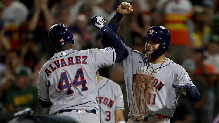 Houston Astros designated hitter Yordan Alvarez celebrates with right fielder Cam Smith (11) after hitting a three-run home run against Athletics starting pitcher Jack Perkins (not pictured) during the fifth inning at Sutter Health Park. Mandatory Credit: Dennis Lee-Imagn Images Houston Astros designated hitter Yordan Alvarez celebrates with right fielder Cam Smith (11) after hitting a three-run home run against Athletics starting pitcher Jack Perkins (not pictured) during the fifth inning at Sutter Health Park. Mandatory Credit: Dennis Lee-Imagn Images