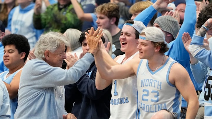Feb 19, 2025; Chapel Hill, North Carolina, USA; North Carolina Tar Heels fans cheer in the second half at Dean E. Smith Center. 