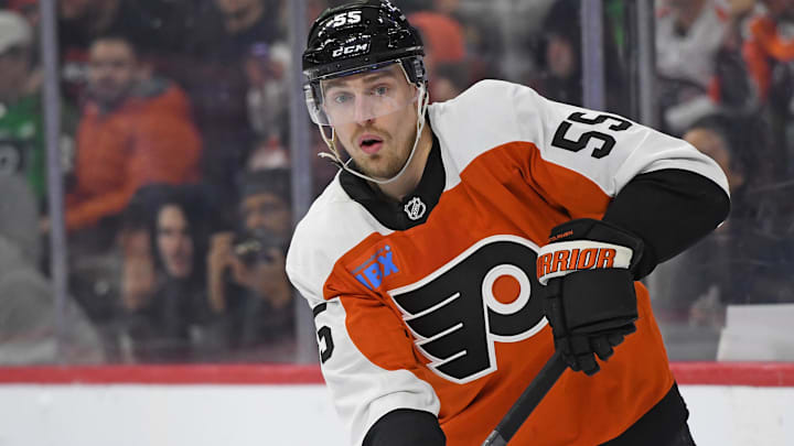 Mar 6, 2025; Philadelphia, Pennsylvania, USA; Philadelphia Flyers defenseman Rasmus Ristolainen (55) against the Winnipeg Jets at Wells Fargo Center. Mandatory Credit: Eric Hartline-Imagn Images Mar 6, 2025; Philadelphia, Pennsylvania, USA; Philadelphia Flyers defenseman Rasmus Ristolainen (55) against the Winnipeg Jets at Wells Fargo Center. Mandatory Credit: Eric Hartline-Imagn Images
