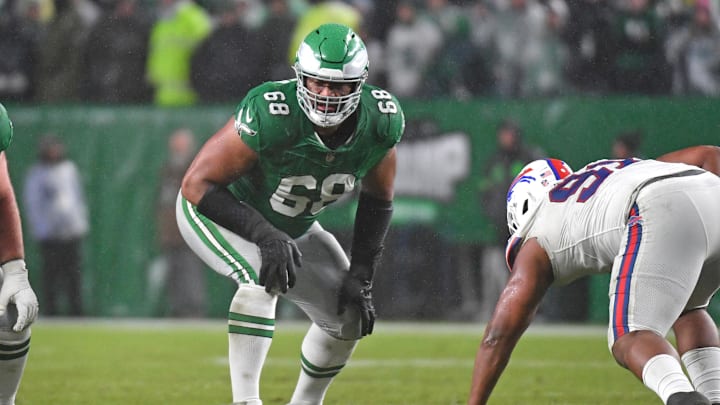Nov 26, 2023; Philadelphia, Pennsylvania, USA; Philadelphia Eagles offensive tackle Jordan Mailata (68) against the Buffalo Bills at Lincoln Financial Field. Mandatory Credit: Eric Hartline-Imagn Images