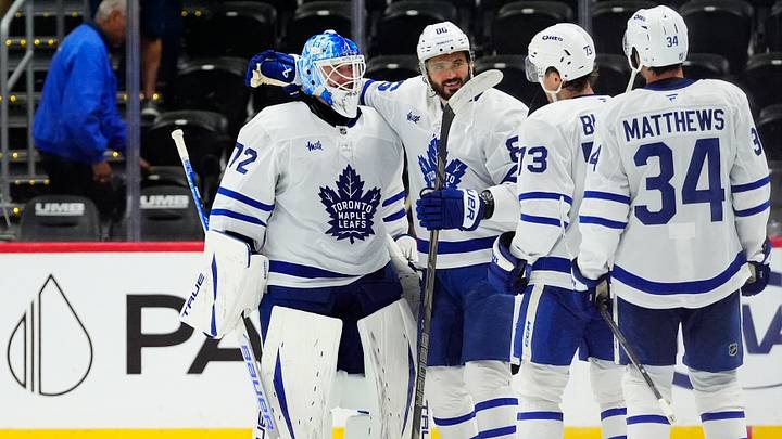 Oct 10, 2026; Denver, Colorado, USA;  Members of the Toronto Maple Leafs celebrate defeating the Colorado Avalanche at Ball Arena.  Mandatory Credit: Ron Chenoy-Imagn Images
