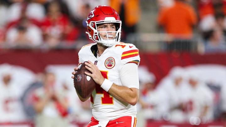 Aug 22, 2026; Tampa, Florida, USA; Kansas City Chiefs quarterback Garrett Nussmeier (14) drops back to pass against the Tampa Bay Buccaneers in the third quarter during a preseason game at Raymond James Stadium. Mandatory Credit: Nathan Ray Seebeck-Imagn Images Aug 22, 2026; Tampa, Florida, USA; Kansas City Chiefs quarterback Garrett Nussmeier (14) drops back to pass against the Tampa Bay Buccaneers in the third quarter during a preseason game at Raymond James Stadium. Mandatory Credit: Nathan Ray Seebeck-Imagn Images