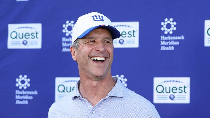 New York Giants head coach John Harbaugh answers questions from the press