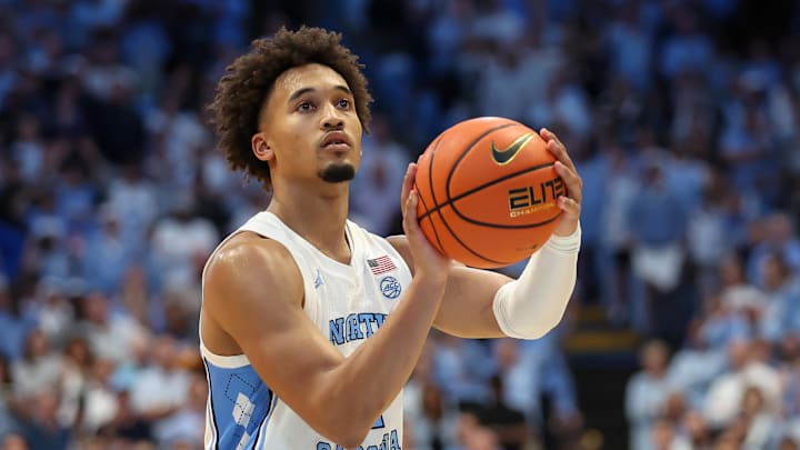 Jan 10, 2026; Chapel Hill, North Carolina, USA; North Carolina Tar Heels guard Seth Trimble (7) prepares a free throw against the Wake Forest Demon Deacons during the second half at Dean E. Smith Center. Mandatory Credit: Cory Knowlton-Imagn Images