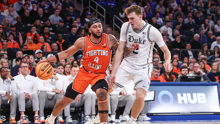 Feb 22, 2025; New York, NY, USA; Illinois Fighting Illini guard Kylan Boswell (4) drives past Duke Blue Devils guard Cooper Flagg (2) in the second half at Madison Square Garden. Mandatory Credit: Wendell Cruz-Imagn Images Feb 22, 2025; New York, NY, USA; Illinois Fighting Illini guard Kylan Boswell (4) drives past Duke Blue Devils guard Cooper Flagg (2) in the second half at Madison Square Garden. Mandatory Credit: Wendell Cruz-Imagn Images