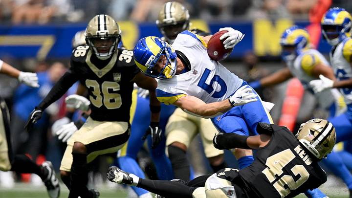 Aug 22, 2026; Inglewood, California, USA; Los Angeles Rams wide receiver Alex Bachman (5) is tackled by New Orleans Saints cornerback Mike Reid (42) during the first quarter at SoFi Stadium. Mandatory Credit: Griffin Hooper-Imagn Images Aug 22, 2026; Inglewood, California, USA; Los Angeles Rams wide receiver Alex Bachman (5) is tackled by New Orleans Saints cornerback Mike Reid (42) during the first quarter at SoFi Stadium. Mandatory Credit: Griffin Hooper-Imagn Images