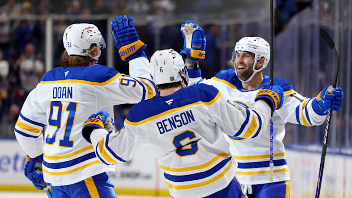 Oct 15, 2025; Buffalo, New York, USA;  Buffalo Sabres left wing Jason Zucker (17) celebrates his goal withy teammates during the second period against the Ottawa Senators at KeyBank Center. Mandatory Credit: Timothy T. Ludwig-Imagn Images
