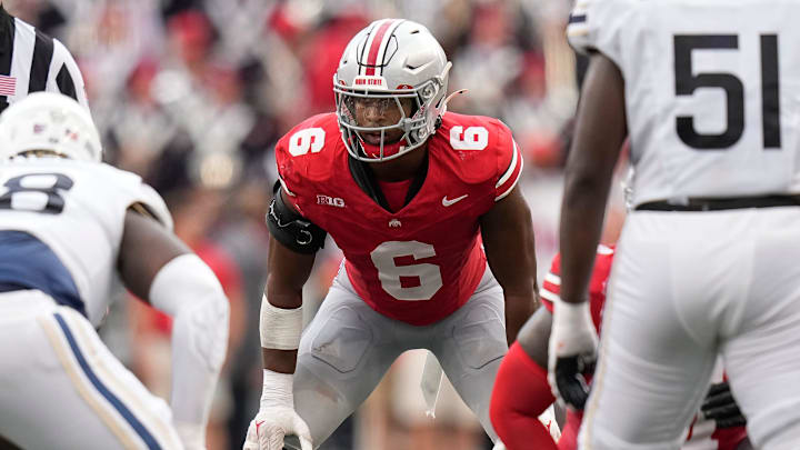 Aug 31, 2024; Columbus, OH, USA; Ohio State Buckeyes safety Sonny Styles (6) lines up during the NCAA football game against the Akron Zips at Ohio Stadium. Ohio State won 52-6.