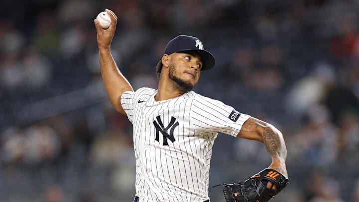May 4, 2026; Bronx, New York, USA; New York Yankees pitcher Camilo Doval (75) delivers a pitch during the eighth inning against the Baltimore Orioles at Yankee Stadium. Mandatory Credit: Vincent Carchietta-Imagn Images