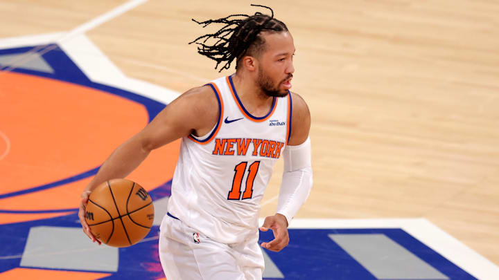 Jan 13, 2025; New York, New York, USA; New York Knicks guard Jalen Brunson (11) brings the ball up court against the Detroit Pistons during the first quarter at Madison Square Garden. Mandatory Credit: Brad Penner-Imagn Images