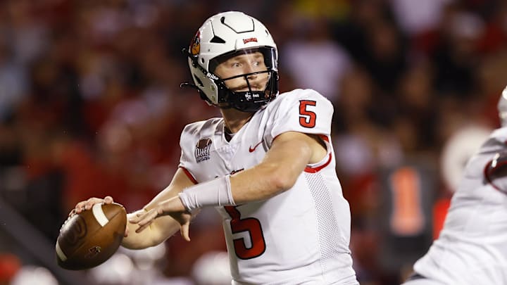 Sep 3, 2022; Madison, Wisconsin, USA;  Illinois State Redbirds quarterback Zack Annexstad (5) throws a pass during the third quarter against the Wisconsin Badgers at Camp Randall Stadium. Mandatory Credit: Jeff Hanisch-Imagn Images