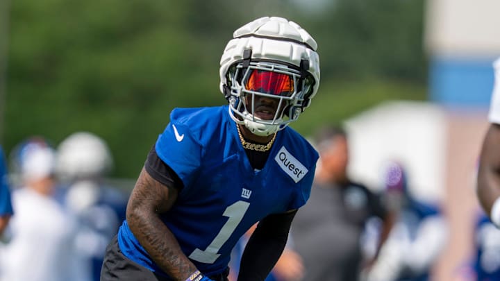 New York Giants wide receiver Malik Nabers (1) gets ready for a play during day one of the New York Giants training camp at Quest Diagnostics Giants Training Center in East Rutherford on Wednesday, July 23, 2025.