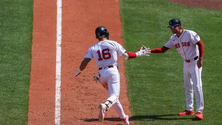 Boston Red Sox left fielder Jarren Duran (16) high fives Boston Red Sox third base coach Kyle Hudson (84) after hitting a solo home run during the eighth inning against the Atlanta Braves at Fenway Park on June 5. Boston Red Sox left fielder Jarren Duran (16) high fives Boston Red Sox third base coach Kyle Hudson (84) after hitting a solo home run during the eighth inning against the Atlanta Braves at Fenway Park on June 5.