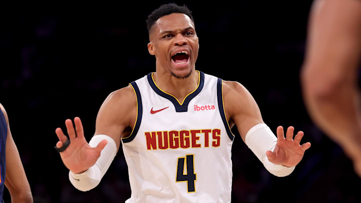 Jan 29, 2025; New York, New York, USA; Denver Nuggets guard Russell Westbrook (4) reacts after being called for an offensive foul during the fourth quarter against the New York Knicks at Madison Square Garden. Mandatory Credit: Brad Penner-Imagn Images