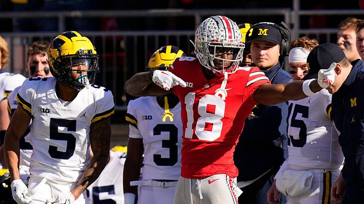 Ohio State receiver Marvin Harrison Jr. celebrates a first down against Michigan in 2022. Ohio State receiver Marvin Harrison Jr. celebrates a first down against Michigan in 2022.