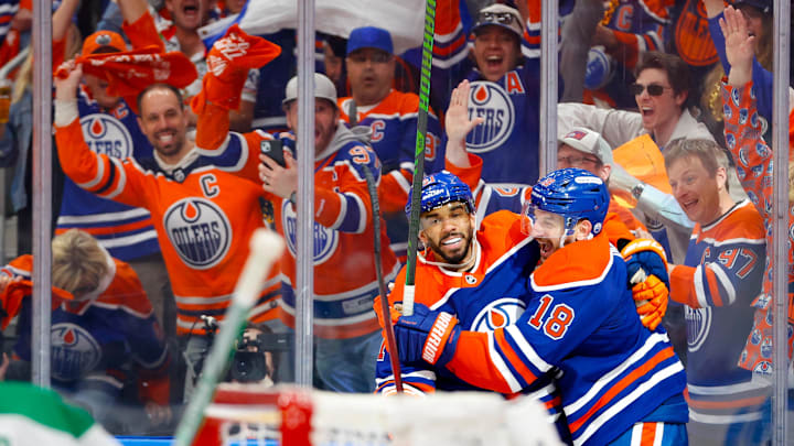Edmonton Oilers left wing Evander Kane (91) and left wing Zach Hyman (18) celebrates a goal scored by Hyman 
