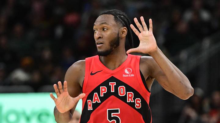 Feb 22, 2026; Milwaukee, Wisconsin, USA; Toronto Raptors guard Immanuel Quickley (5) reacts after scoring a 3-point basket against the Milwaukee Bucks in the third quarter at Fiserv Forum. Mandatory Credit: Benny Sieu-Imagn Images