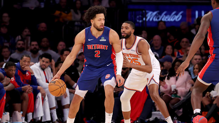 Jan 13, 2025; New York, New York, USA; Detroit Pistons guard Cade Cunningham (2) controls the ball against New York Knicks forward Mikal Bridges (25) during the second quarter at Madison Square Garden. Mandatory Credit: Brad Penner-Imagn Images Jan 13, 2025; New York, New York, USA; Detroit Pistons guard Cade Cunningham (2) controls the ball against New York Knicks forward Mikal Bridges (25) during the second quarter at Madison Square Garden. Mandatory Credit: Brad Penner-Imagn Images