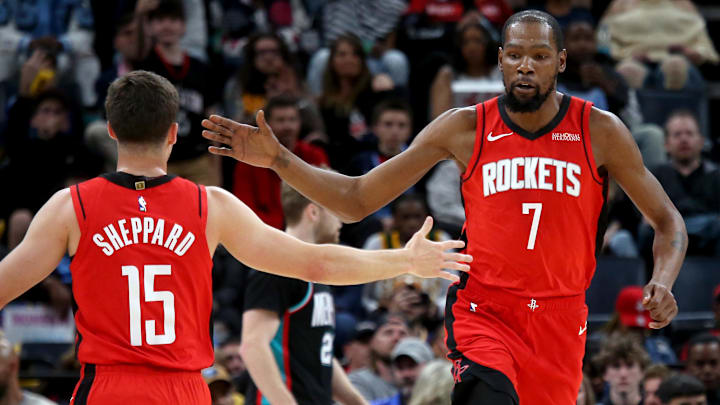 Mar 27, 2026; Memphis, Tennessee, USA; Houston Rockets forward Kevin Durant (7) reacts with guard Reed Sheppard (15) during the first quarter against the Memphis Grizzlies at FedExForum. Mandatory Credit: Petre Thomas-Imagn Images Mar 27, 2026; Memphis, Tennessee, USA; Houston Rockets forward Kevin Durant (7) reacts with guard Reed Sheppard (15) during the first quarter against the Memphis Grizzlies at FedExForum. Mandatory Credit: Petre Thomas-Imagn Images