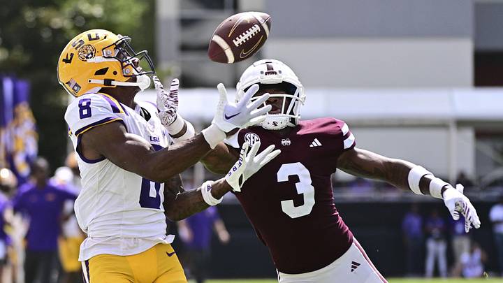 Sep 16, 2023; Starkville, Mississippi, USA; LSU Tigers wide receiver Malik Nabers (8) makes a reception while defended by Mississippi State Bulldogs cornerback Decamerion Richardson (3) on a play that would result in a touchdown during the fourth quarter at Davis Wade Stadium at Scott Field. Mandatory Credit: Matt Bush-Imagn Images Sep 16, 2023; Starkville, Mississippi, USA; LSU Tigers wide receiver Malik Nabers (8) makes a reception while defended by Mississippi State Bulldogs cornerback Decamerion Richardson (3) on a play that would result in a touchdown during the fourth quarter at Davis Wade Stadium at Scott Field. Mandatory Credit: Matt Bush-Imagn Images