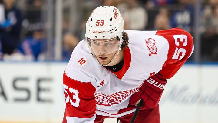 Apr 4, 2026; New York, New York, USA; Detroit Red Wings defenseman Moritz Seider (53) waits for a face-off against the Detroit Red Wings during the first period at Madison Square Garden. Mandatory Credit: Danny Wild-Imagn Images