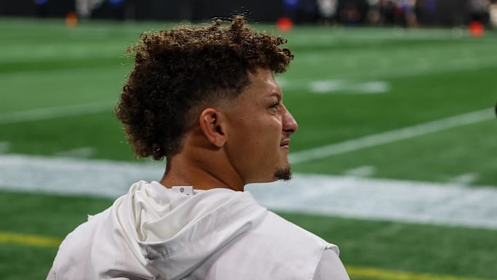 Sep 22, 2024; Atlanta, Georgia, USA; Kansas City Chiefs quarterback Patrick Mahomes (15) on the bench before a game against the Atlanta Falcons at Mercedes-Benz Stadium. Mandatory Credit: Brett Davis-Imagn Images