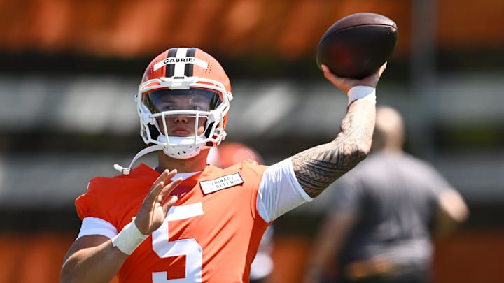 May 9, 2025; Berea, OH, USA; Cleveland Browns quarterback Dillon Gabriel (5) throws a pass during rookie minicamp at CrossCountry Mortgage Campus. Mandatory Credit: Ken Blaze-Imagn Images