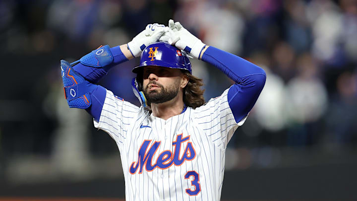 Oct 17, 2024; New York City, New York, USA; New York Mets outfielder Jesse Winker (3) reacts after an out against the Los Angeles Dodgers in the sixth inning during game four of the NLCS for the 2024 MLB playoffs at Citi Field. Mandatory Credit: Brad Penner-Imagn Images Oct 17, 2024; New York City, New York, USA; New York Mets outfielder Jesse Winker (3) reacts after an out against the Los Angeles Dodgers in the sixth inning during game four of the NLCS for the 2024 MLB playoffs at Citi Field. Mandatory Credit: Brad Penner-Imagn Images
