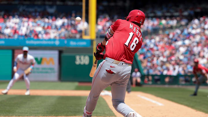 Jul 4, 2025; Philadelphia, Pennsylvania, USA; Cincinnati Reds Noelvi Marte hits an RBI sacrifice fly during the third inning against the Philadelphia Phillies at Citizens Bank Park. Mandatory Credit: Bill Streicher-Imagn Images Jul 4, 2025; Philadelphia, Pennsylvania, USA; Cincinnati Reds Noelvi Marte hits an RBI sacrifice fly during the third inning against the Philadelphia Phillies at Citizens Bank Park. Mandatory Credit: Bill Streicher-Imagn Images