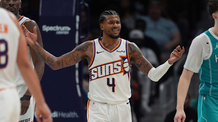 Apr 2, 2026; Charlotte, North Carolina, USA; Phoenix Suns guard Jalen Green (4) reacts to a foul call during the second half against the Charlotte Hornets at Spectrum Center. Mandatory Credit: Jim Dedmon-Imagn Images