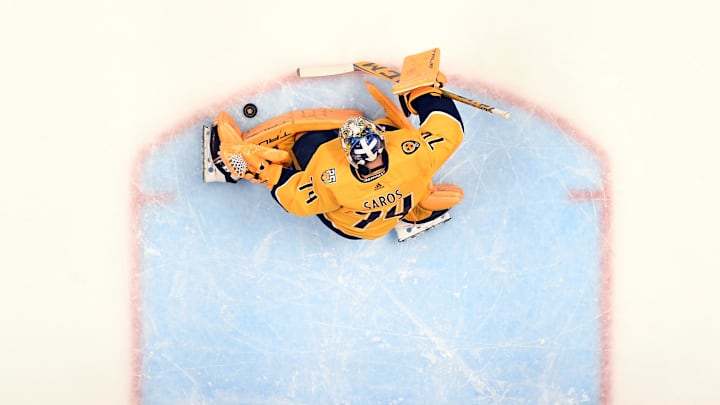 Dec 16, 2023; Nashville, Tennessee, USA; Nashville Predators goaltender Juuse Saros (74) makes a