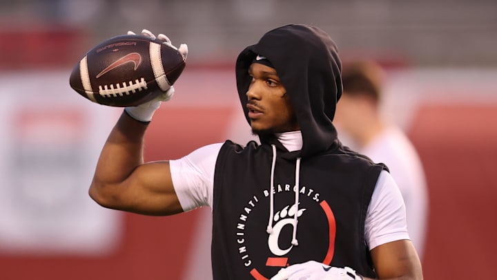 Nov 1, 2025; Salt Lake City, Utah, USA; Cincinnati Bearcats wide receiver Cyrus Allen (4) warms up before the game against the Utah Utes at Rice-Eccles Stadium. Mandatory Credit: Rob Gray-Imagn Images
