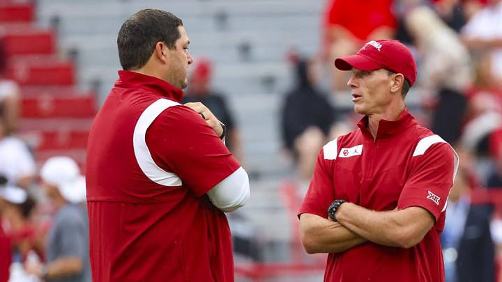 Oklahoma Sooners offensive coordinator Jeff Lebby speaks with head coach Brent Venables before the game against the Nebraska Cornhuskers at Memorial Stadium. Oklahoma Sooners offensive coordinator Jeff Lebby speaks with head coach Brent Venables before the game against the Nebraska Cornhuskers at Memorial Stadium.