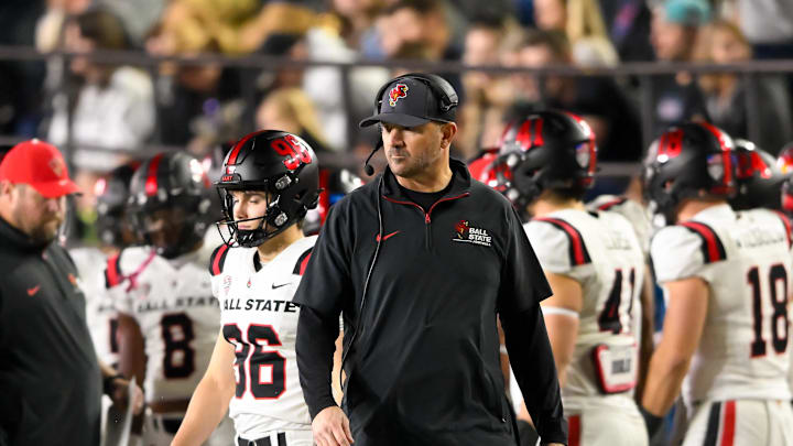 Oct 19, 2024; Nashville, Tennessee, USA;  Ball State Cardinals head coach Mike Neu paces the sidelines against the Vanderbilt Commodores during the second half at FirstBank Stadium. Mandatory Credit: Steve Roberts-Imagn Images