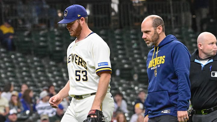 Apr 30, 2026; Milwaukee, Wisconsin, USA; Milwaukee Brewers starting pitcher Brandon Woodruff (53) walks off the field after an injury in the second inning against the Arizona Diamondbacks at American Family Field. Mandatory Credit: Benny Sieu-Imagn Images