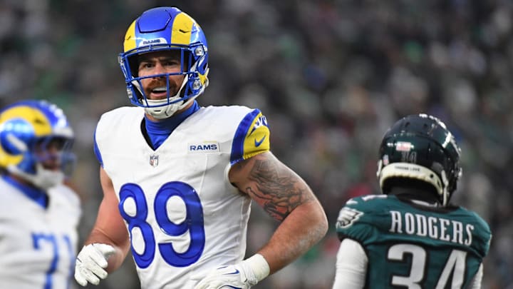 Jan 19, 2025; Philadelphia, Pennsylvania, USA; Los Angeles Rams tight end Tyler Higbee (89) against the Philadelphia Eagles in a 2025 NFC divisional round game at Lincoln Financial Field. Mandatory Credit: Eric Hartline-Imagn Images Jan 19, 2025; Philadelphia, Pennsylvania, USA; Los Angeles Rams tight end Tyler Higbee (89) against the Philadelphia Eagles in a 2025 NFC divisional round game at Lincoln Financial Field. Mandatory Credit: Eric Hartline-Imagn Images