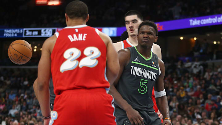 Apr 10, 2025; Memphis, Tennessee, USA; Minnesota Timberwolves guard Anthony Edwards (5) reacts after a dunk during the third quarter against the Memphis Grizzlies at FedExForum. Mandatory Credit: Petre Thomas-Imagn Images