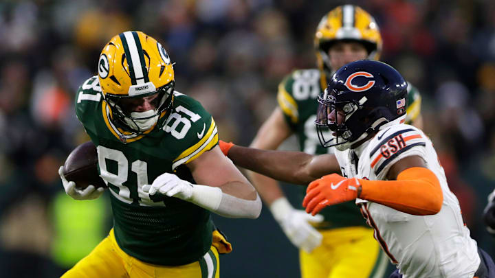 Green Bay Packers tight end Josh Whyle (81) runs the ball during a football game against the Chicago Bears on Dec. 7, 2025, at Lambeau Field in Green Bay, Wis. The Packers defeated the Bears 28-21.