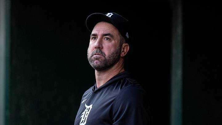 Detroit Tigers pitcher Justin Verlander watches a replay from the dugout during the second inning against Los Angeles Angels at Comerica Park in Detroit on Wednesday, May 27, 2026. Detroit Tigers pitcher Justin Verlander watches a replay from the dugout during the second inning against Los Angeles Angels at Comerica Park in Detroit on Wednesday, May 27, 2026.