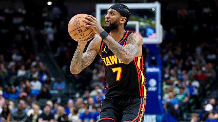 Mar 18, 2026; Dallas, Texas, USA; Atlanta Hawks guard Nickeil Alexander-Walker (7 shoots against the Dallas Mavericks during the second half at American Airlines Center. Mandatory Credit: Kevin Jairaj-Imagn Images Mar 18, 2026; Dallas, Texas, USA; Atlanta Hawks guard Nickeil Alexander-Walker (7 shoots against the Dallas Mavericks during the second half at American Airlines Center. Mandatory Credit: Kevin Jairaj-Imagn Images