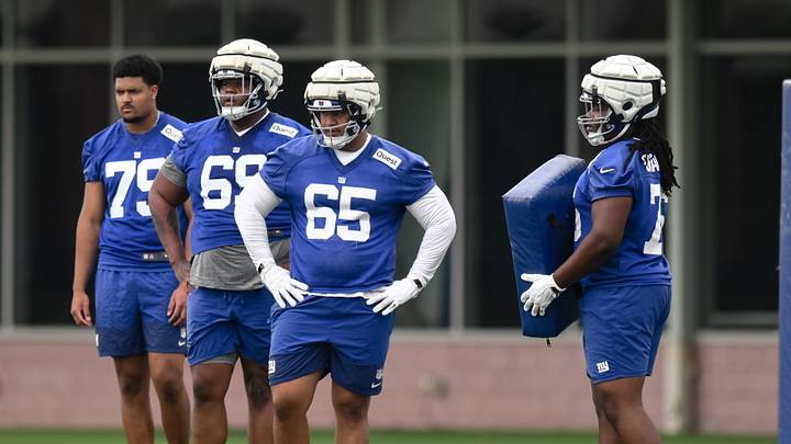 May 9, 2026; East Rutherford, NJ, USA; New York Giants offensive lineman Francis Mauigoa (65) looks on during a drill at rookie minicamp at Quest Diagnostics Training Center. May 9, 2026; East Rutherford, NJ, USA; New York Giants offensive lineman Francis Mauigoa (65) looks on during a drill at rookie minicamp at Quest Diagnostics Training Center.
