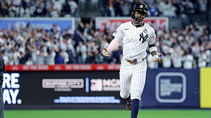 Oct 30, 2024; New York, New York, USA; New York Yankees third baseman Jazz Chisholm Jr. (13) runs the bases after hitting a solo home run during the first inning against the Los Angeles Dodgers in game four of the 2024 MLB World Series at Yankee Stadium.