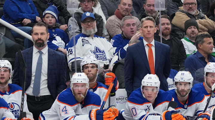 Dec 13, 2025; Toronto, Ontario, CAN; Edmonton Oilers head coach Kris Knoblauch watches the play against the Toronto Maple Leafs during the third period at Scotiabank Arena. Mandatory Credit: Nick Turchiaro-Imagn Images