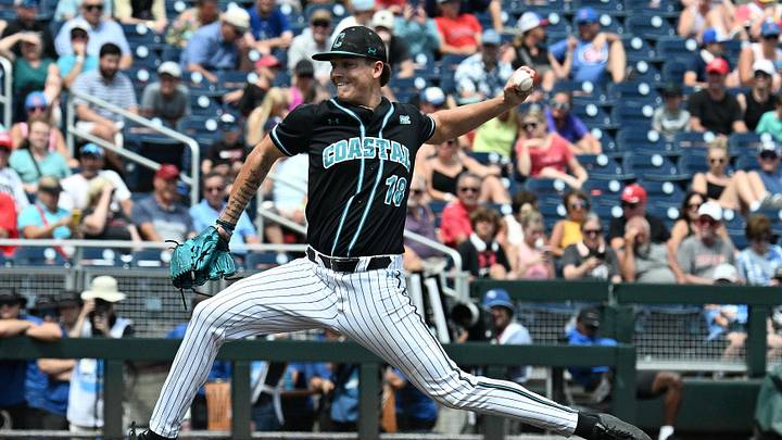Jun 18, 2025; Omaha, Neb, USA; Coastal Carolina Chanticleers pitcher Hayden Johnson (18) throws against the Louisville Cardinals during the sixth inning at Charles Schwab Field. Mandatory Credit: Steven Branscombe-Imagn Images Jun 18, 2025; Omaha, Neb, USA; Coastal Carolina Chanticleers pitcher Hayden Johnson (18) throws against the Louisville Cardinals during the sixth inning at Charles Schwab Field. Mandatory Credit: Steven Branscombe-Imagn Images