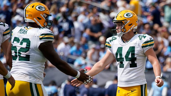 Green Bay Packers place kicker Brayden Narveson (44) celebrates his field goal against the Tennessee Titans with defensive end Rashan Gary (52) during the second quarter at Nissan Stadium in Nashville, Tenn., Sunday, Sept. 22, 2024.