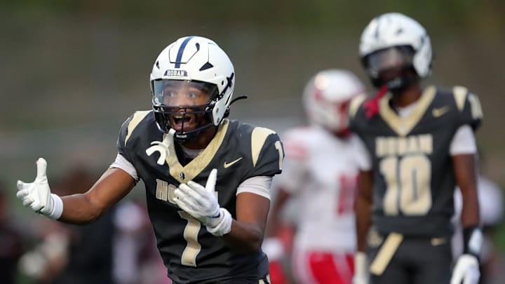 Hoban defensive back Elbert Hill IV reacts after a Spalding touchdown during the first half of a high school football game, Friday, Aug. 23, 2024, in Akron, Ohio. Hoban defensive back Elbert Hill IV reacts after a Spalding touchdown during the first half of a high school football game, Friday, Aug. 23, 2024, in Akron, Ohio.