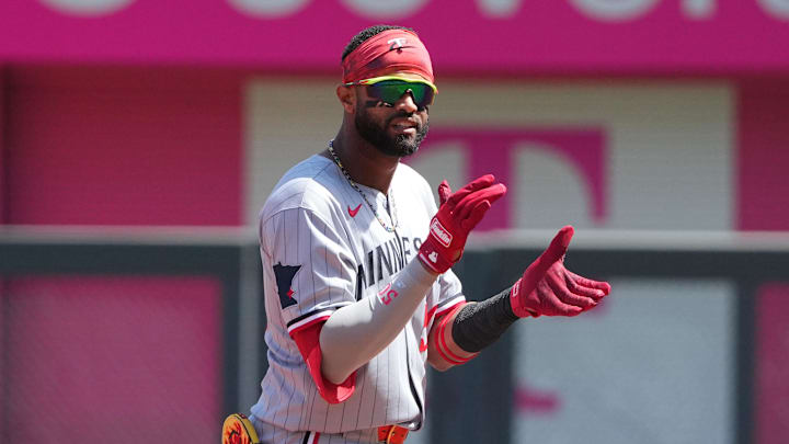 Kansas City, Missouri, USA; Minnesota Twins second baseman Willi Castro (50) celebrates against the Kansas City Royals after reaching second base in the first inning at Kauffman Stadium. Kansas City, Missouri, USA; Minnesota Twins second baseman Willi Castro (50) celebrates against the Kansas City Royals after reaching second base in the first inning at Kauffman Stadium.