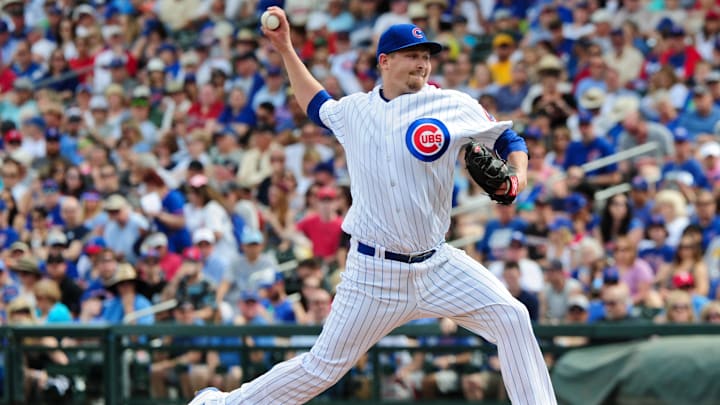 Mar 5, 2016; Mesa, AZ, USA; Chicago Cubs relief pitcher Trevor Cahill (53) throws during the first inning against the Cincinnati Reds at Sloan Park.